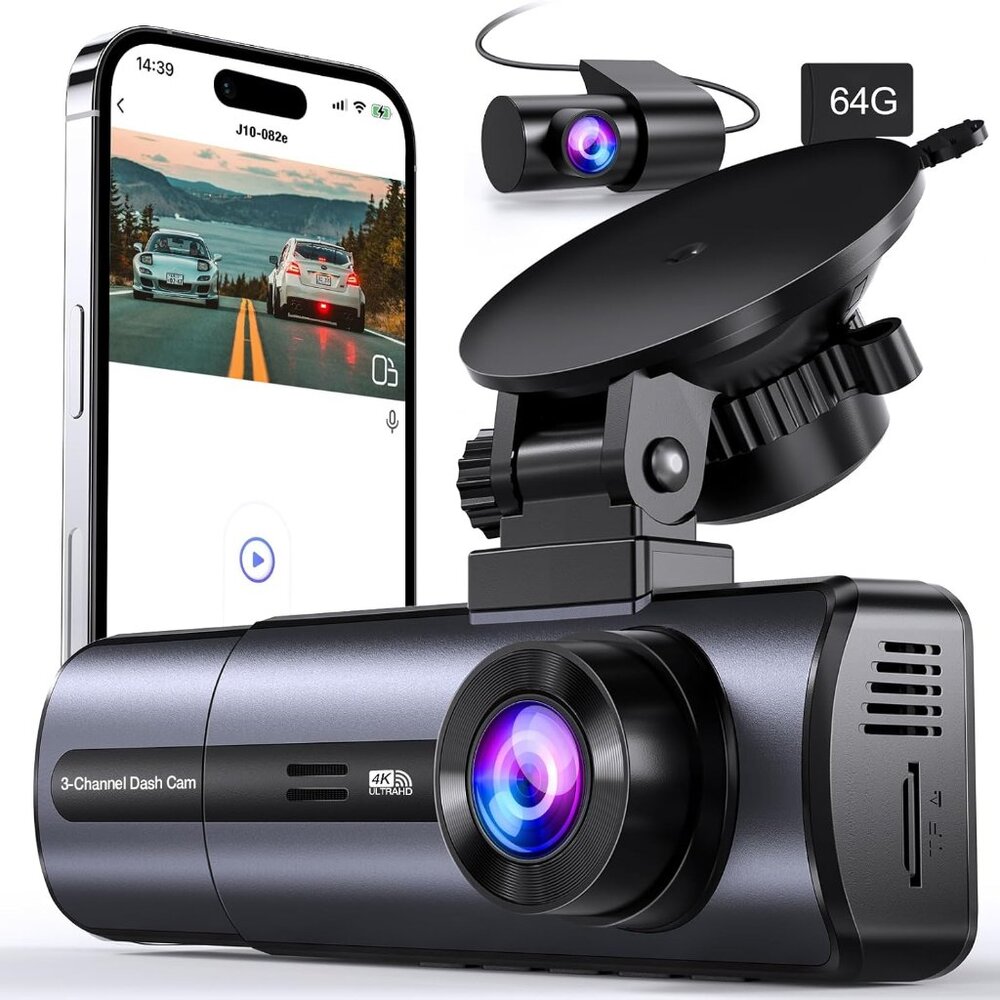 3 Channel 4K Wifi Dash Cam, 4K/2.5K+1080P+1080P Front inside and Rear, Triple